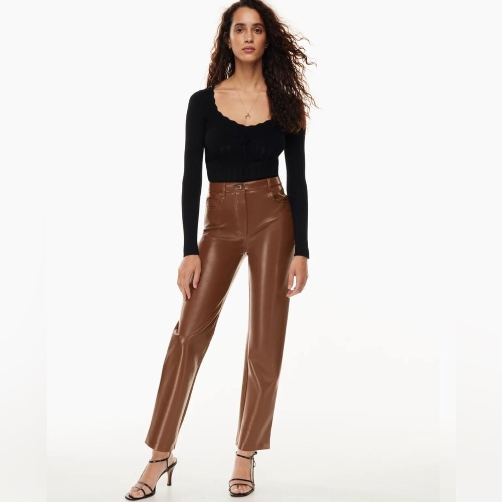 High-Rise Faux Leather Straight-Leg Pants - Brown